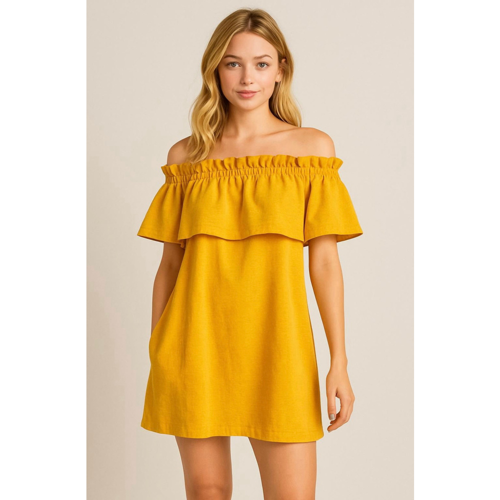 Womens H&M Yellow Off-Shoulder Mini Dress Lg Boho Chic Cottagecore Soft Feminine